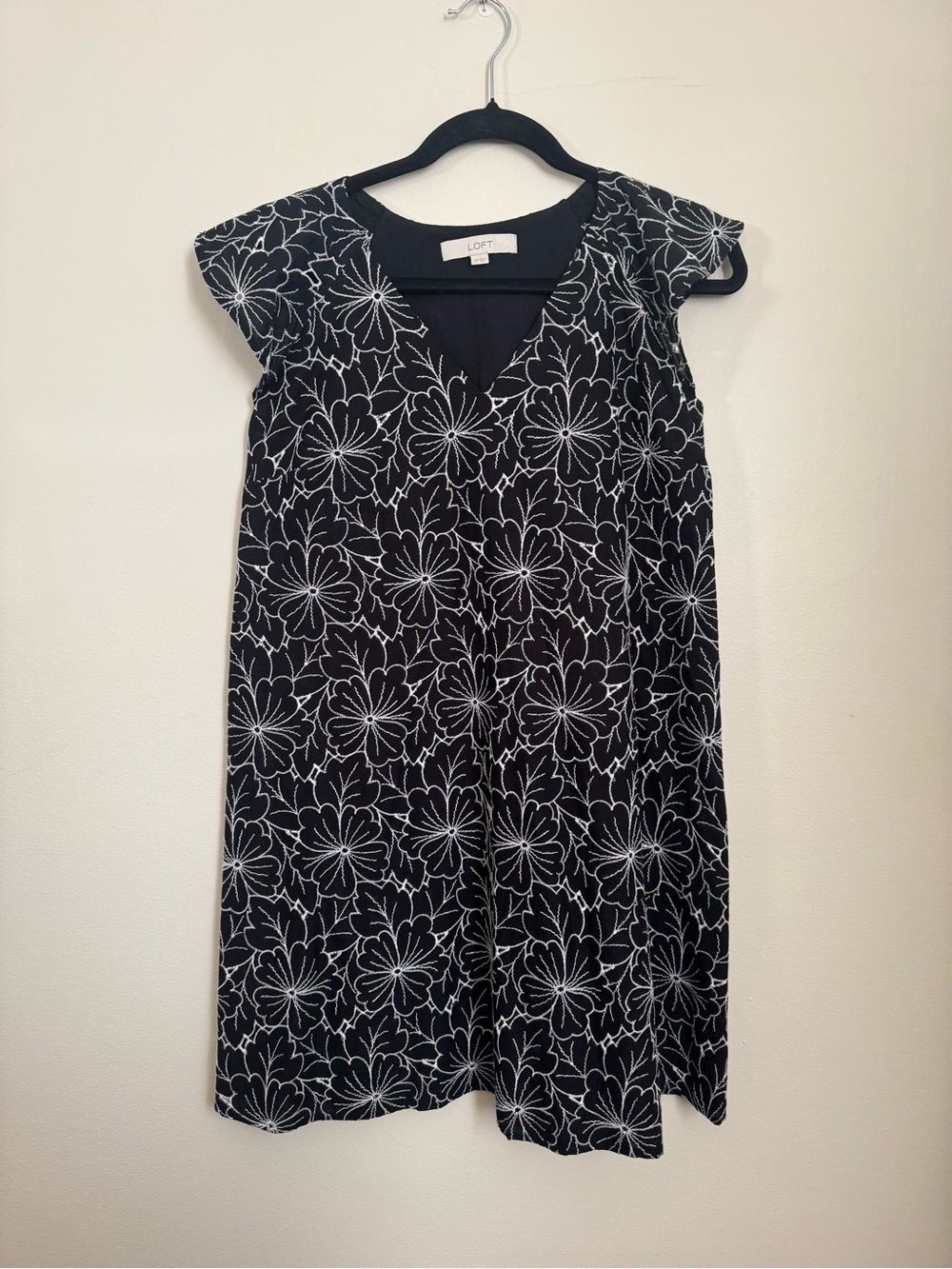 LOFT Cotton Black Dress with White Embroidered Flowers